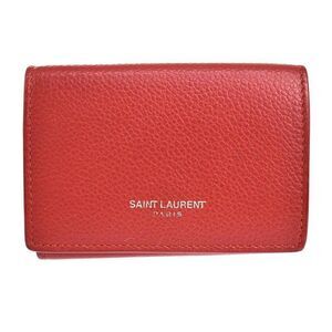 SAINT LAURENT Logo Mini Trifold Wallet Purse Leather Red Italy